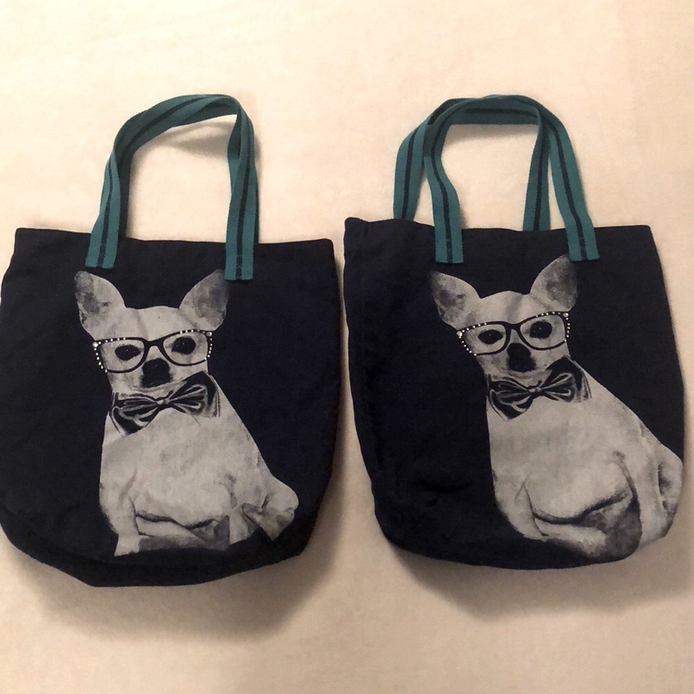 Two dapper chihuahua tote bags in navy canvas with rhinestones